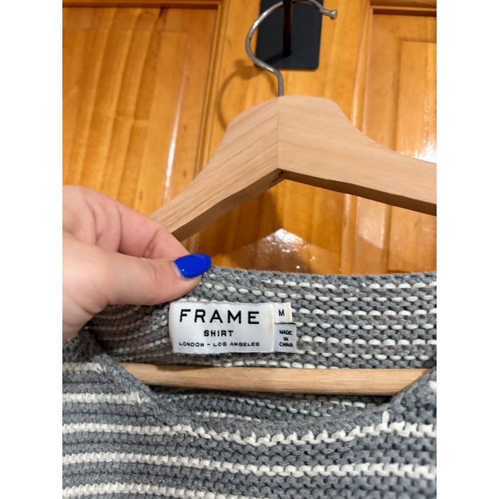 FRAME Striped Cotton Knit Sweater Gray Cream Women’s M Minimalist Chic - Picture 3 of 7